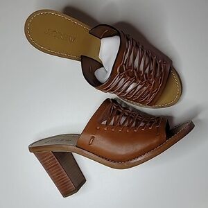 J. CREW Leather Weave Block Heel Peep Toe Cognac